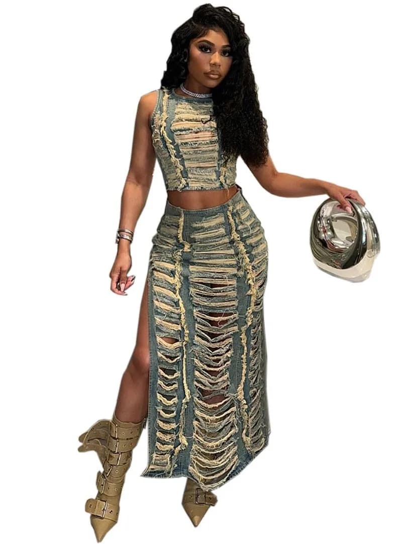 Completo da Donna Artigianale in Denim Distressed con Gilet e Gonna Spacco, Collezione Primavera 2026, Set di Abbigliamento Personalizzato per il Commercio Transfrontaliero