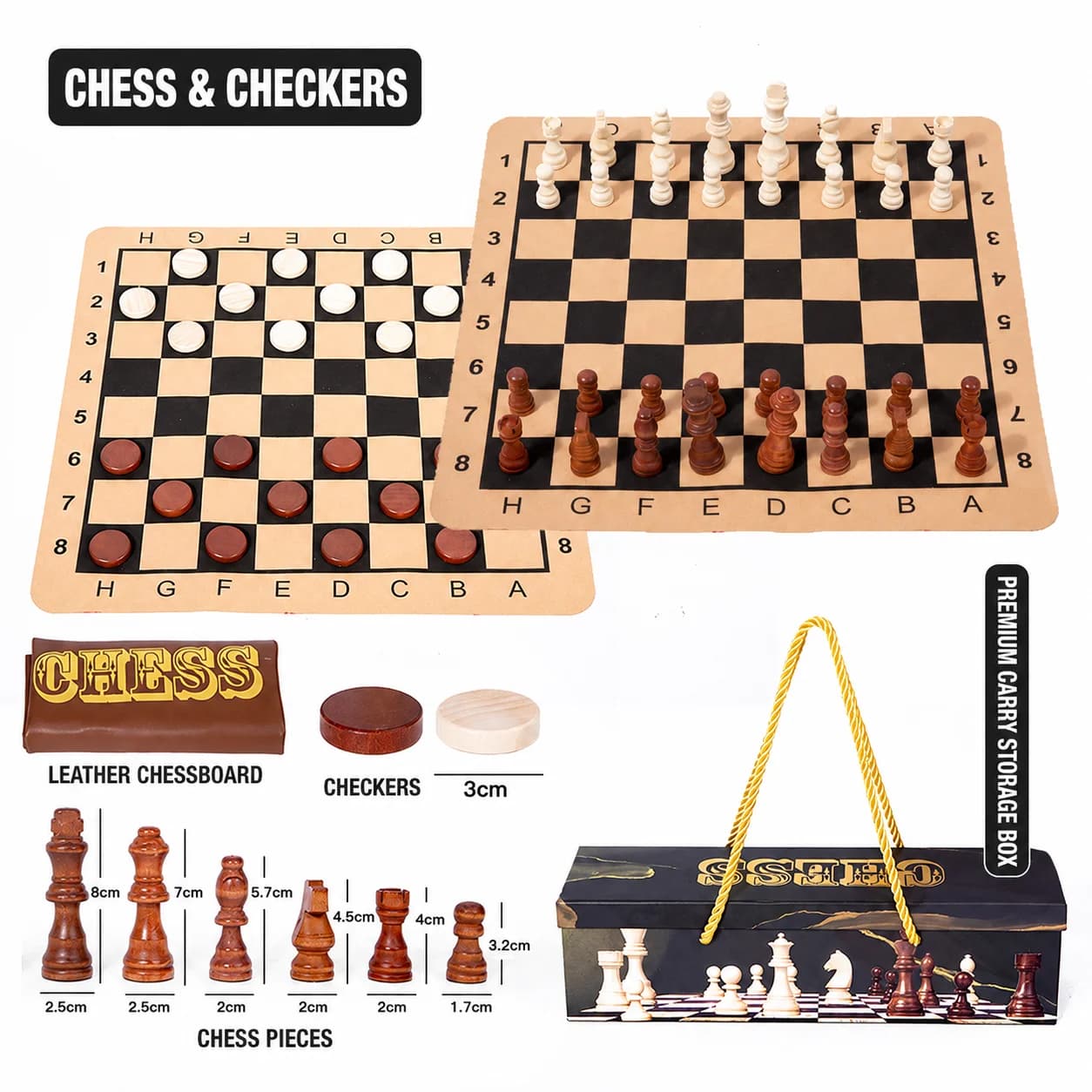 Leather Chess Set with Wooden Pieces Optional 2 in 1 Chess Checkers Portable Travel Board Game Gift Box for Kids Adults
