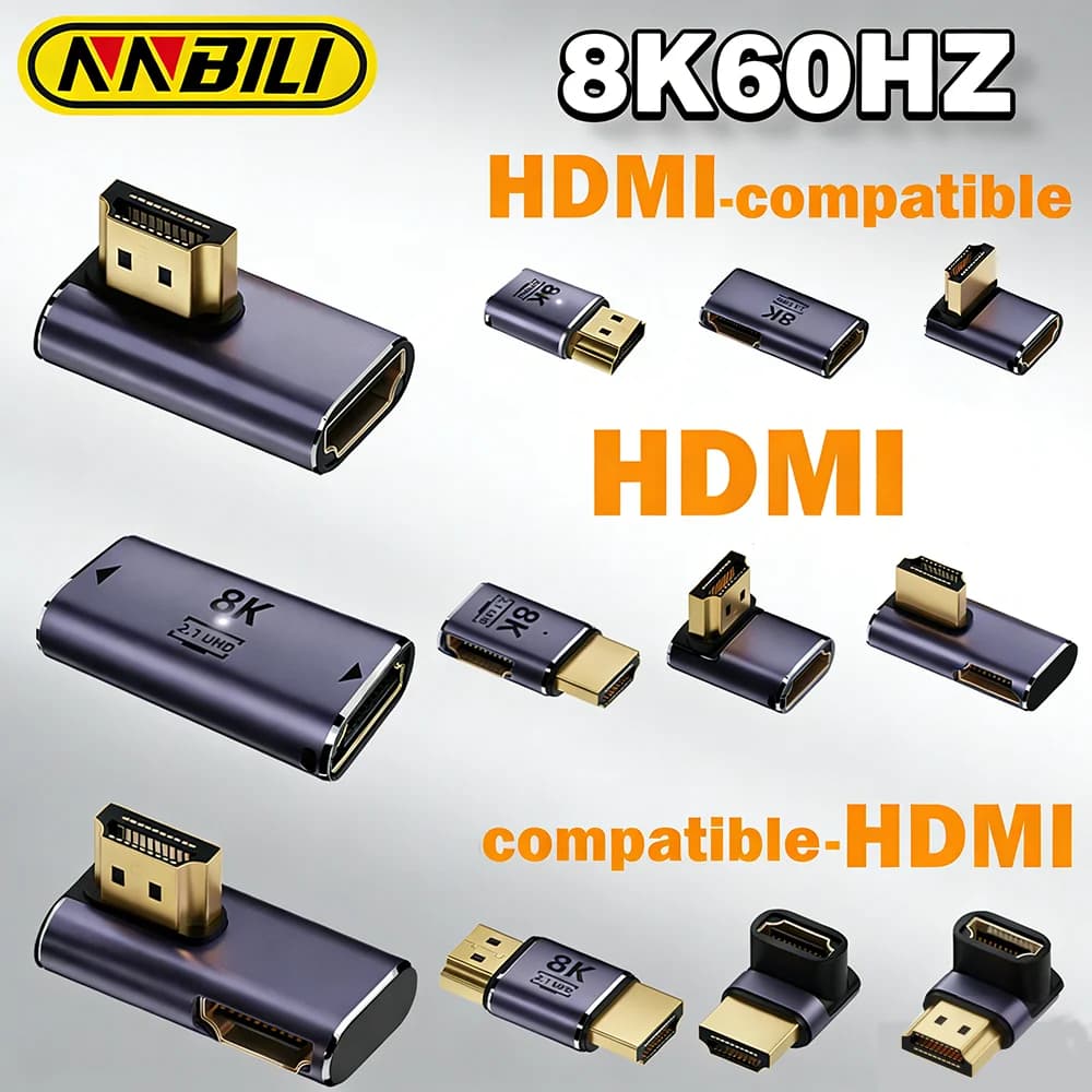 Adattatore HDMI 2.1 NNBILI, Convertitore HDMI a HDMI 2.1 Angolato/Dritto, 48Gbps 8K@60HZ 4K@120HZ per HDTV, Proiettore, PS4, PS5, Laptop, PC