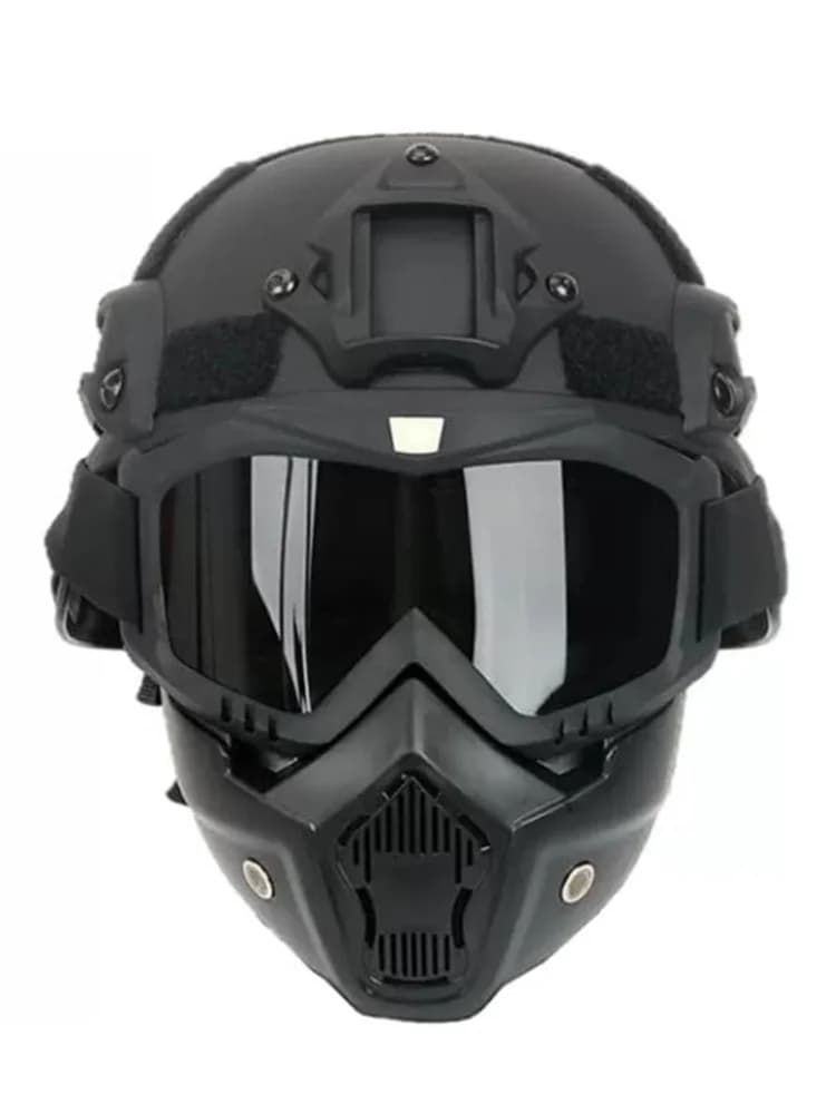 Casco Tattico Integrale FAST in ABS per Esterni con Occhiali Staccabili e Supporto NVG, Maschera Protettiva per Airsoft CS Militare