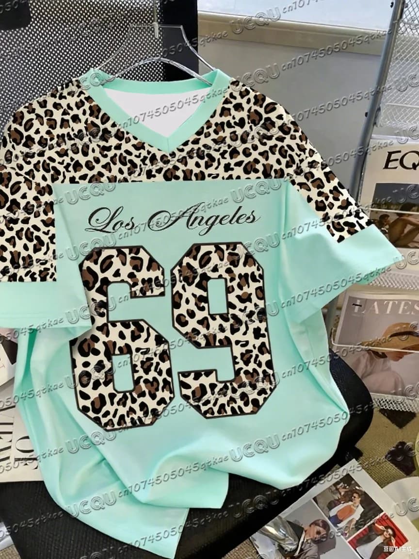 T-shirt basic da donna con scollo a V Los Angeles con stampa leopardata alla moda estiva T-shirt sportiva a maniche corte T-shirt comoda e ampia