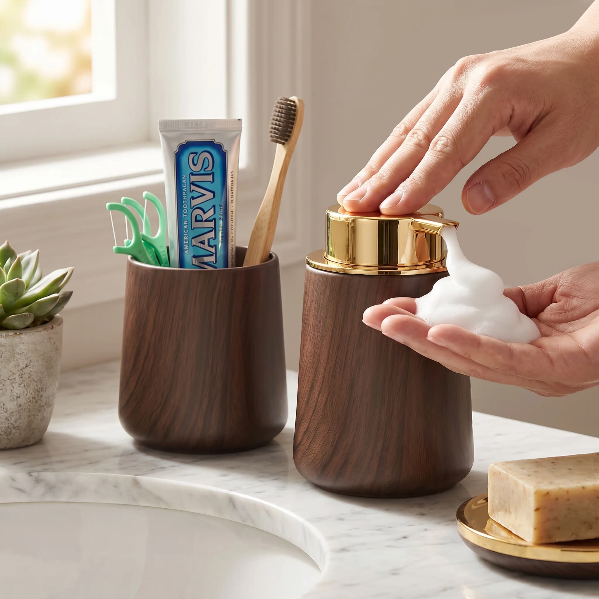 Elegant Hand Soap Dispenser and Cup Set for Bathroom & Kitchen Organizer Kit, Modern Home/Farmhouse Essentials