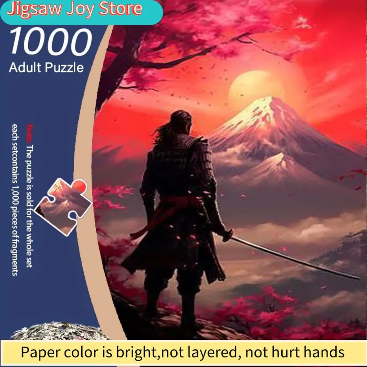 Puzzle per adulti - Ispirato al Monte Fuji e ai fiori di ciliegio con guerriero samurai, mongolfiera che si avventura sopra campi ondulati