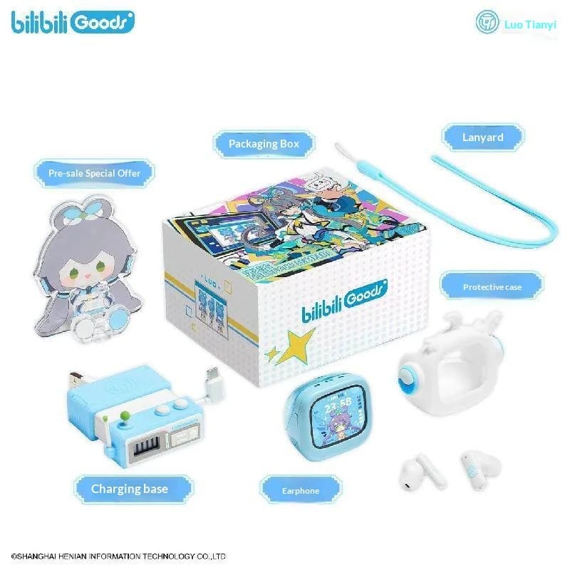 Auricolari Bluetooth ufficiali bilibili Luo Tianyi con base di ricarica estraibile, auricolari con personaggio anime carino, regalo per i fan