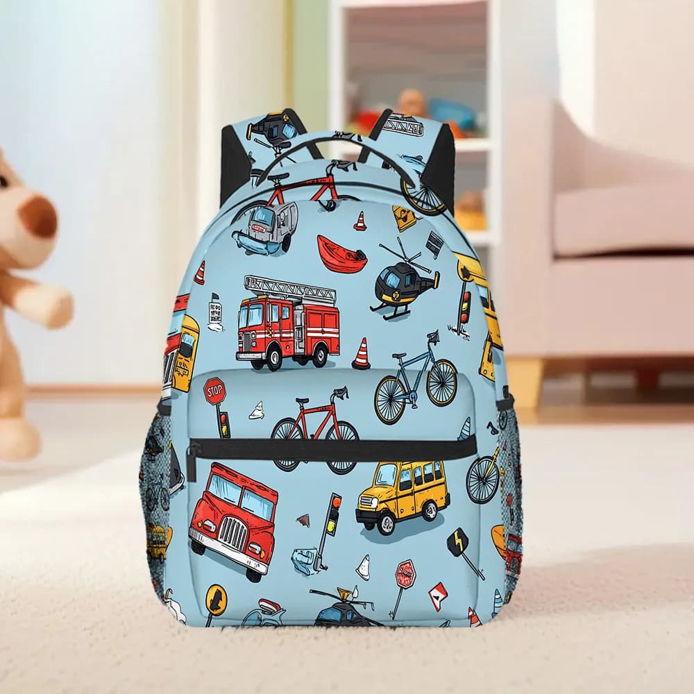 1pc Transportation Doodles Backpack High-Capacity Lightweight Design with Colorful Fire Truck Helicopter Bicycle More Print