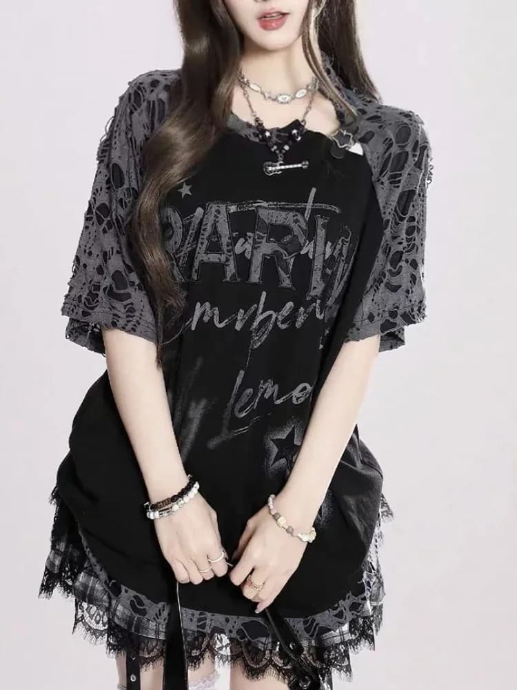 Y2K Foro T-shirt in puro cotone Donna American Streetwear Hotsweet Sottocultura Tees Patchwork Lettera allentata O Collo Cut-Out Top Nuovo