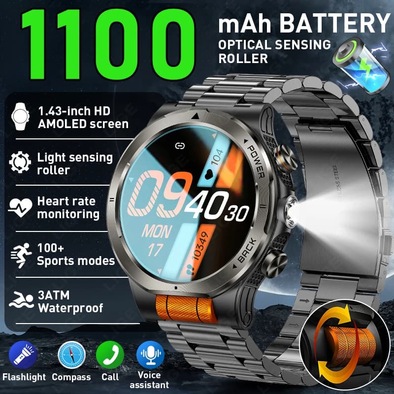 2026 New Men Smart Watch 1100mAh Long Battery Compass LED Flashlight Wireless Call IPX8 Waterproof Sport Fitness Smartwatch Male