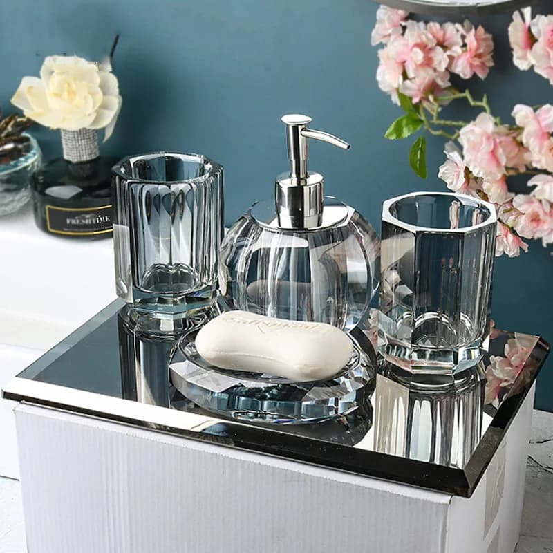 Bottiglia di lozione di vetro Set da bagno in cristallo trasparente forniture per il lavaggio portaspazzolino tazza scatola di sapone bottiglia di Shampoo Set di Dispenser di sapone