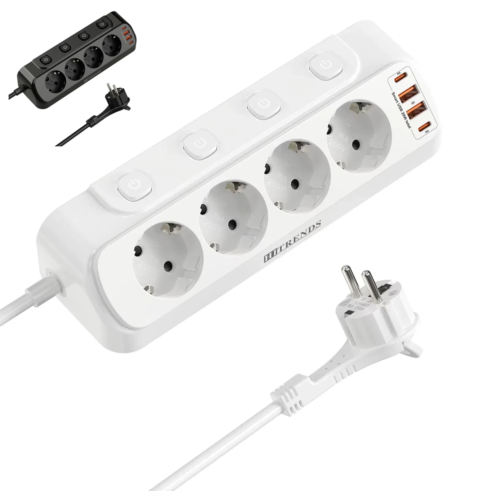 EU Plug Desktop Power Card 4 Plugs AC Power Separate Switch 2 USB-A2 USB-C USB-C USB-C 2 Meters White Extension Cable