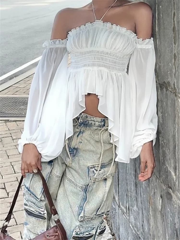 Nuova primavera estate donne sexy halter camicie bianche trasparenti Spice Girl spalle scoperte top irregolare manica lunga slash neck camicetta da fata