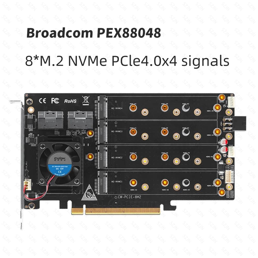 PCIE To 8-Bay NVMe Expansion Card PEX88048 PCIe 4.0 Controller Dual SFF-8654 Ports 8 M.2 NVMe Slots No Driver Needed