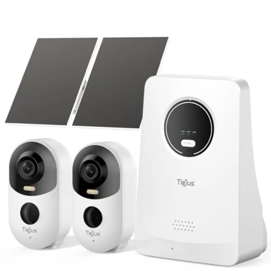 Outdoor solar security camera system with 4MP color night vision, black aluminum alloy housing, offline TV viewing, no subscrip