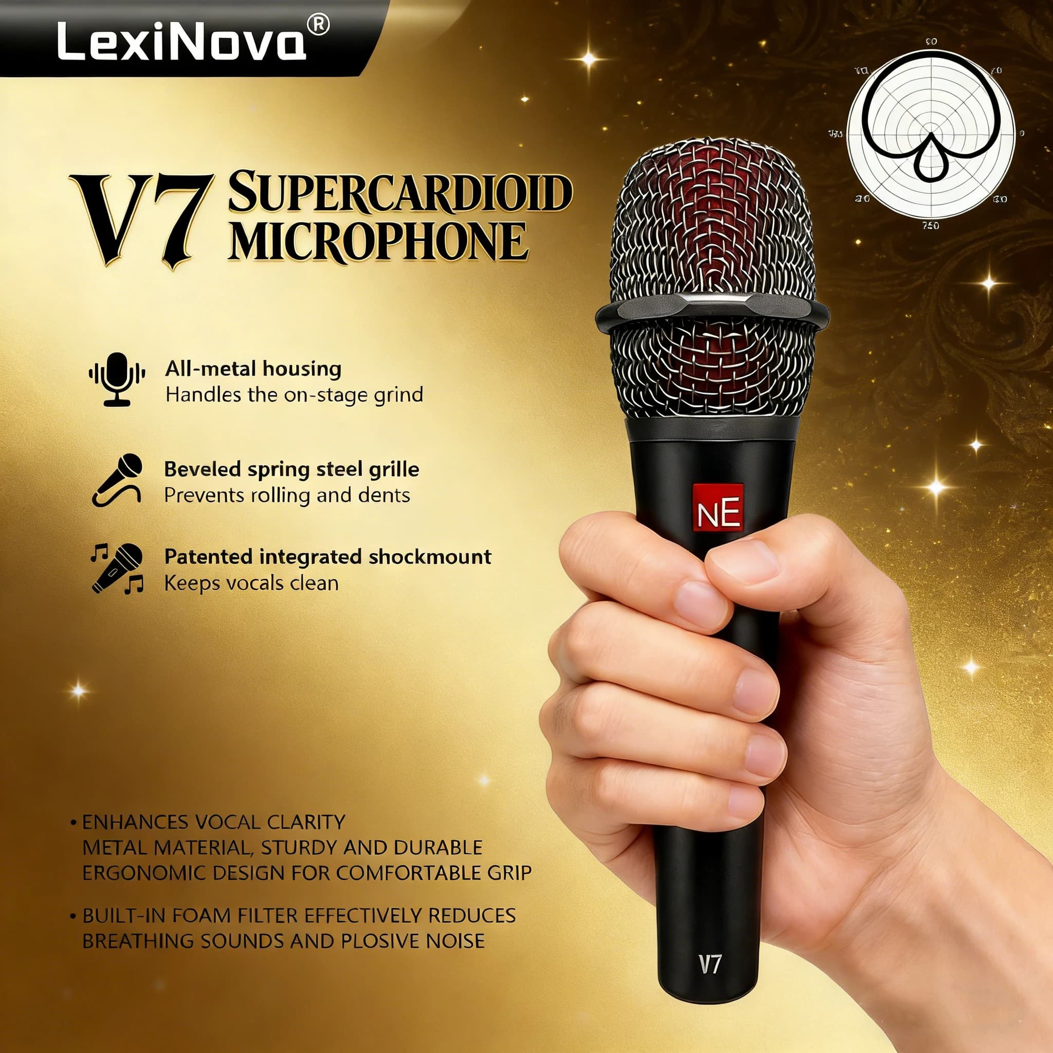Professional Dynamic Microphone V7 Supercardioide Cablato for Studio, Performance, Song, Guitar, Live Transmissions