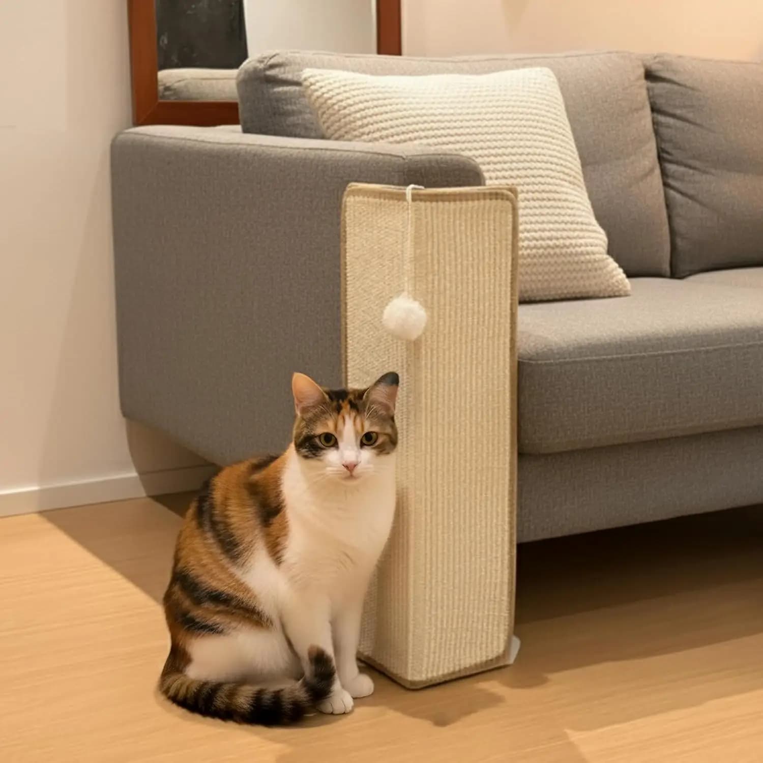 Tiragraffi a L per Gatti con Sisal, Tiragraffi Verticale da 64 cm per Gatti da Interno, Protezione per Mobili con Erba Gatta