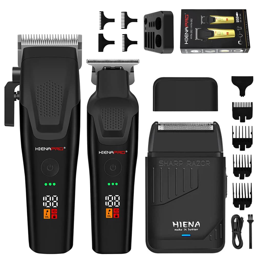 HIENA 3/2pcs Professional Hair Clipper & Trimmer Set for Men Haircut Machine with LCD Display, USB Rechargeable, Multiple Guide Combs, Barber Kit for Home & Salon Use Electric Beard Shaver
