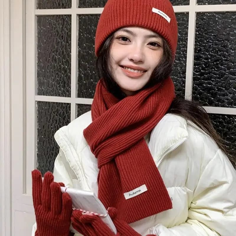 Sciarpa invernale lavorata a maglia Donna Cappello tinta unita Sciarpa Guanti Set da tre pezzi per adulti antivento da donna Set di cappelli sciarpa da donna di moda