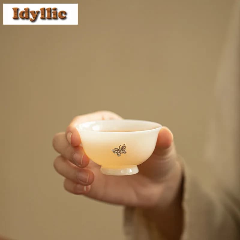 2pc/lot Ice Jade Fat Silver Butterfly Teacup Vintage Tea Bowl Tea Cup Set Tea-tasting Meditation Cup Chazhan Master Cups 50ml