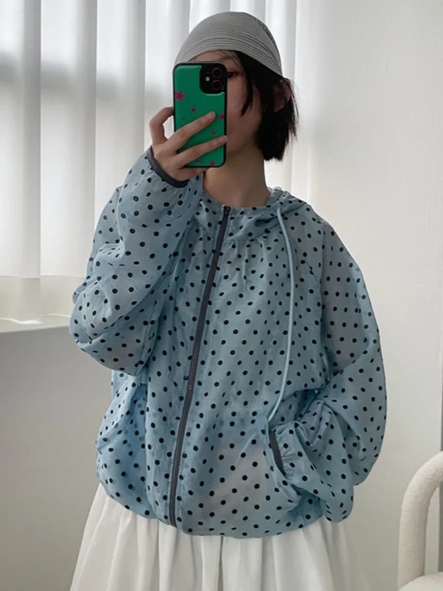 Early Autumn Polka Dot Cute Chiffon Sunscreen Zipper Hooded Jacket Transparent Lightweight Cool Women's Sweater Coat