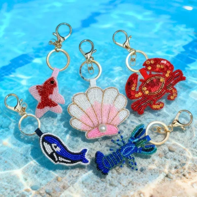 3D Vita Marina Strass Perline Ciondolo Portachiavi Appeso Aragosta Granchio Conchiglie Koi Pesce Appeso Corda Toppe Applique Borsa Cordino