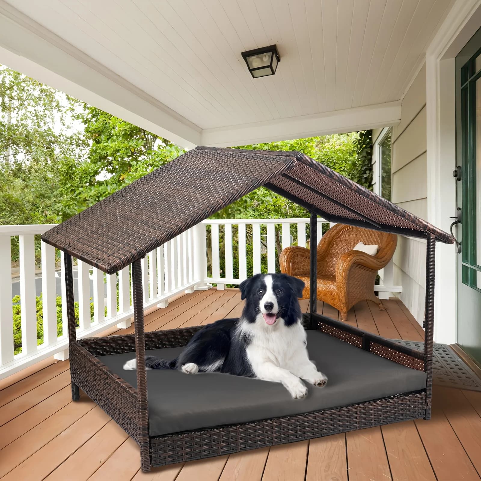 Cuccia per Cani da Esterno, Cuccia in Vimini, Cuccia Rialzata in Rattan con Tettuccio, Cuccia Grande per Cani da Esterno con Cuscino, Cuccia in Rattan per Cani di Piccola, Media e Grande Taglia con Copertura Protettiva, Grande, Rifugio per Animali Domestici, Design in Vimini, Cuccia con Tettuccio, Cuccia di Alta Qualità per Animali Domestici
