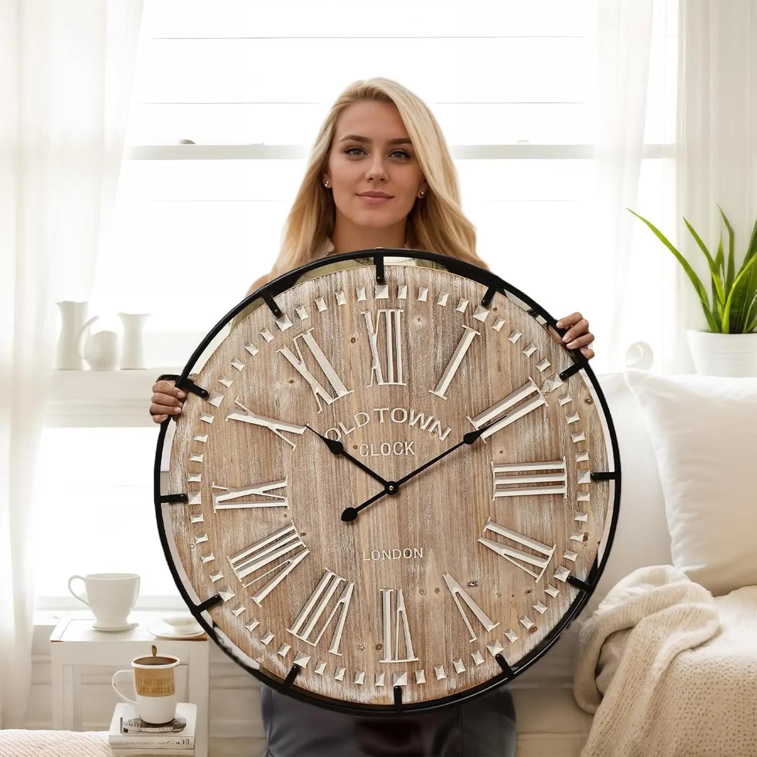 Orologio da Parete Oversize 30 Pollici - Design Rustico in Legno e Metallo, Silenzioso Senza Ticchettio, Facile da Leggere, Funzionamento a Batteria