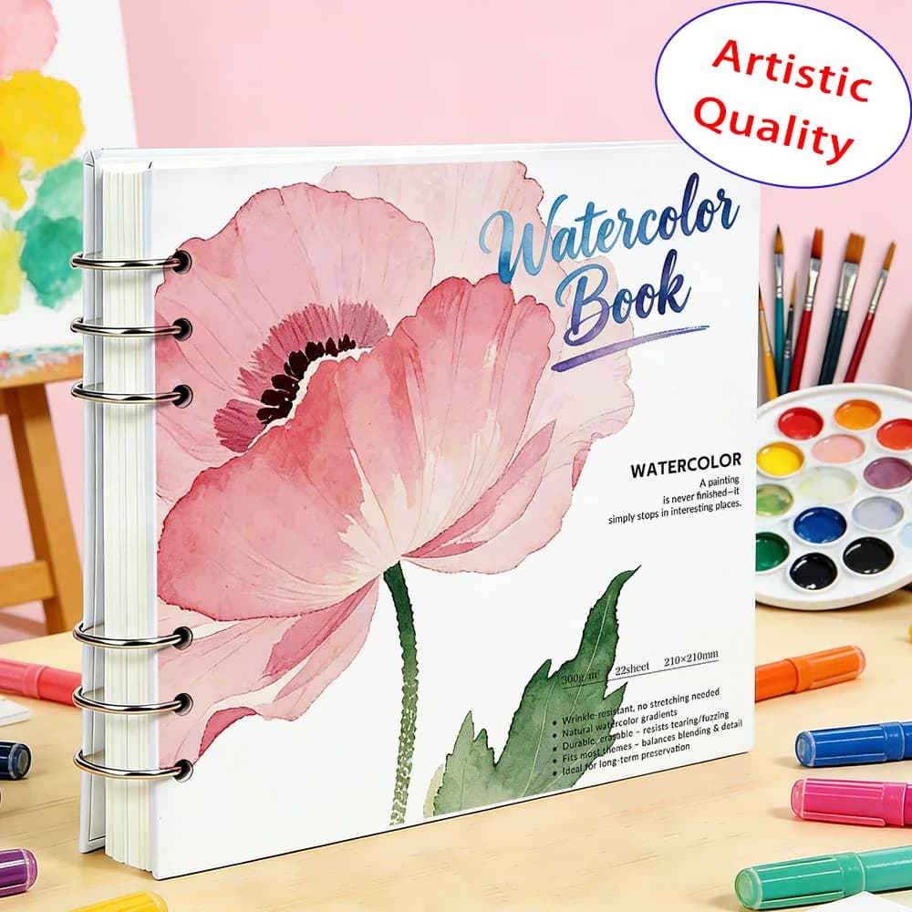 Watercolor Book 210x210mm 300GSM Heavyweight Rough Texture Paper, Metal Ring-Bound Removable, Professional Art Sketchbook for Pa
