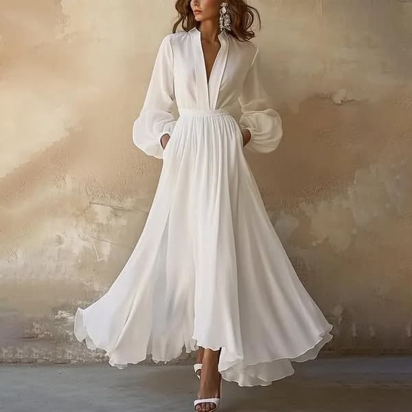 2025 Women's Long Skirt Dress V-neck Pleated Waist Belt Pure Color High Waist Knitted Polyester Summer Thickened Sleeve Dress