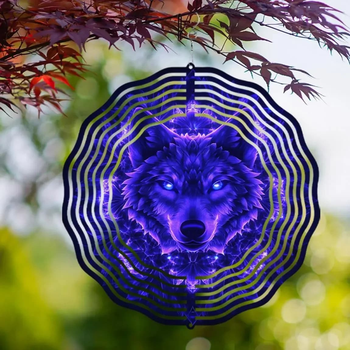 Boho Style Metal Wind Chime with Rotating Wolf Design Outdoor Garden Decor Hanging Ornament No Battery Needed Gift