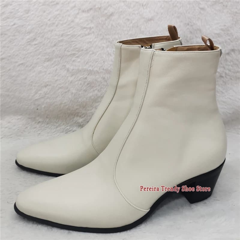 Stivali corti da uomo con tacco alto in vera pelle bianca da 6 cm Stivali Chelsea con cerniera laterale con punta a punta Scarpe eleganti in pelle di vacchetta stile britannico