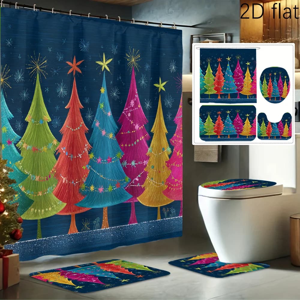 Set di tende da doccia con stampa luminosa, albero colorato, cielo notturno, 2Dflat, 4 pezzi, set da bagno decorativo include tenda da doccia, non
