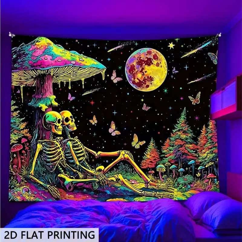 VIKAMA Trippy Skeleton Wall Tapestry Mushroom Full Moon Psychedelic Pattern For Living Room Bedroom Surreal Wall Cloth Home Deco