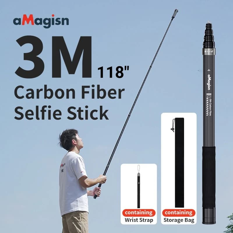 AMagisn 3M Carbon Fiber Invisible Selfie Stick Extendable Monopod For Insta360 GoPro DJI Action Camera With Bag Wrist Strap