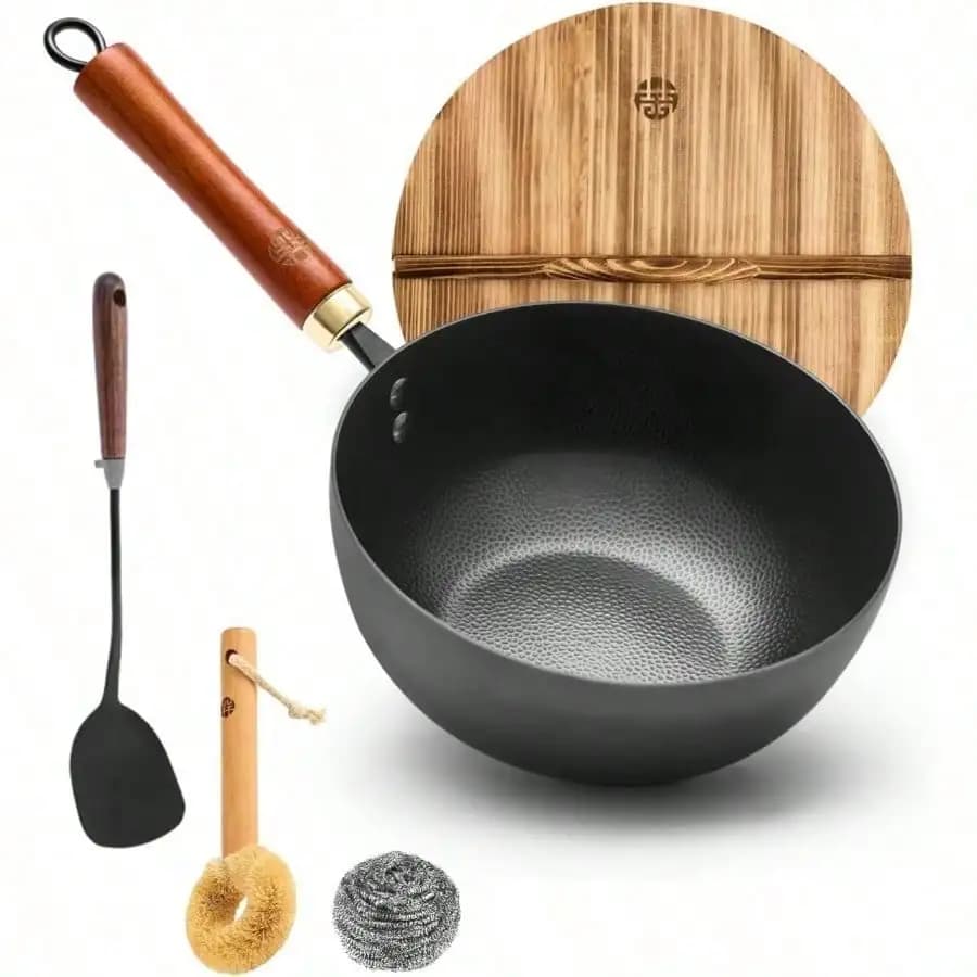 Iron Wok 8.7 Inch Deep Frying Skillet With Wooden Lid – Versatile Flat Bottom Stir-Fry Pan, Chemical-Free & Induction Compatible, Ideal Wrought Iron Small Wok For Home, Chef & Pro Use