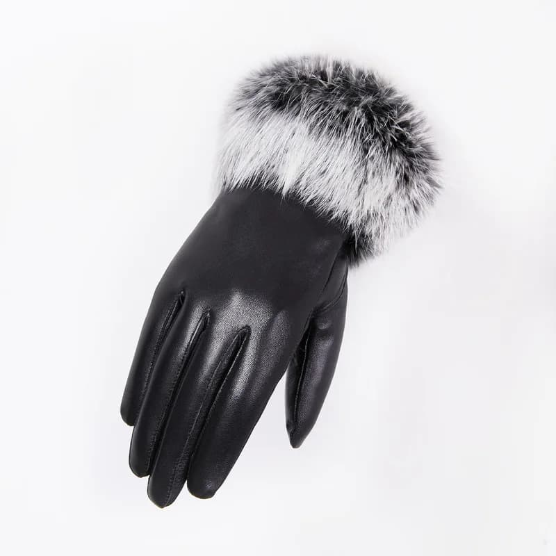 Women's Rabbit Fur Trimmed Genuine Leather Gloves for Winter Warmth, Cycling, and Driving