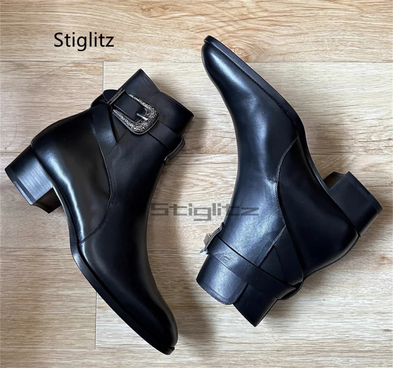 Chelsea Boots with Buckle for Men in Vera Vacchetta Leather, Medium Heel, Closed Toe, Booties with Hinge, Elegant Shoes in True Leather Handmade