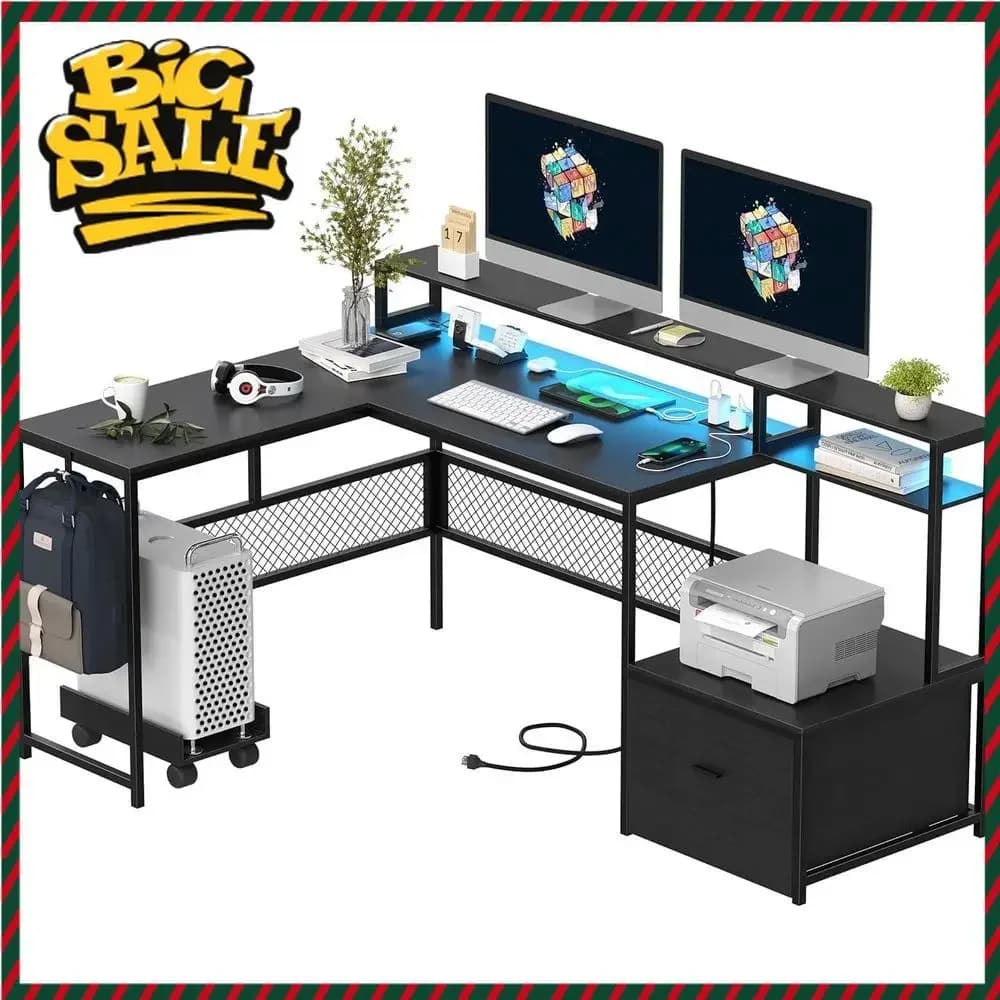 Bestseller Scrivania da Ufficio a L con Spazio di Archiviazione, Presa di Corrente, Illuminazione LED e Supporto per Monitor - Grande Scrivania da Gaming in B