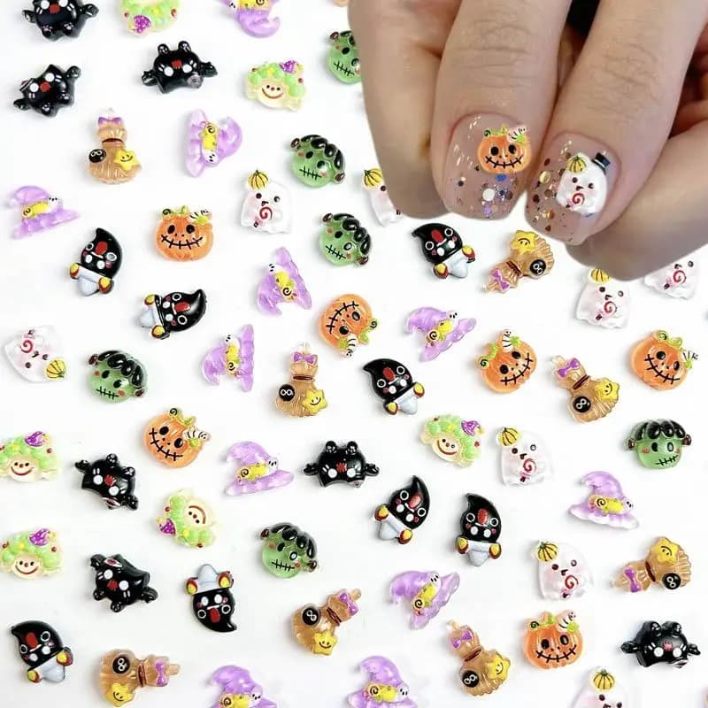 50 pieces creative resin hat magic angel ghost nail pendants cute pumpkin monster series Halloween nail decoration DIY