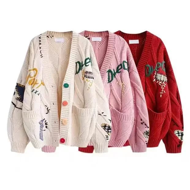 New Embroidery Knitted Cardigan Women's Sweater Warm Long Sleeve Letter Print Packet Jumpers Autumn Winter Loose Sweaters