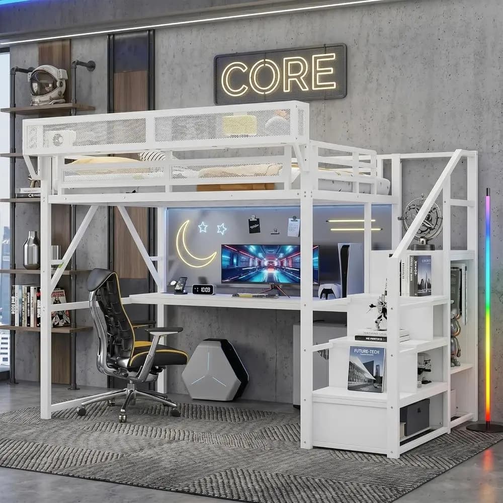 Letto da gaming in metallo Queen Size con scale, scrivania, scaffalature e illuminazione