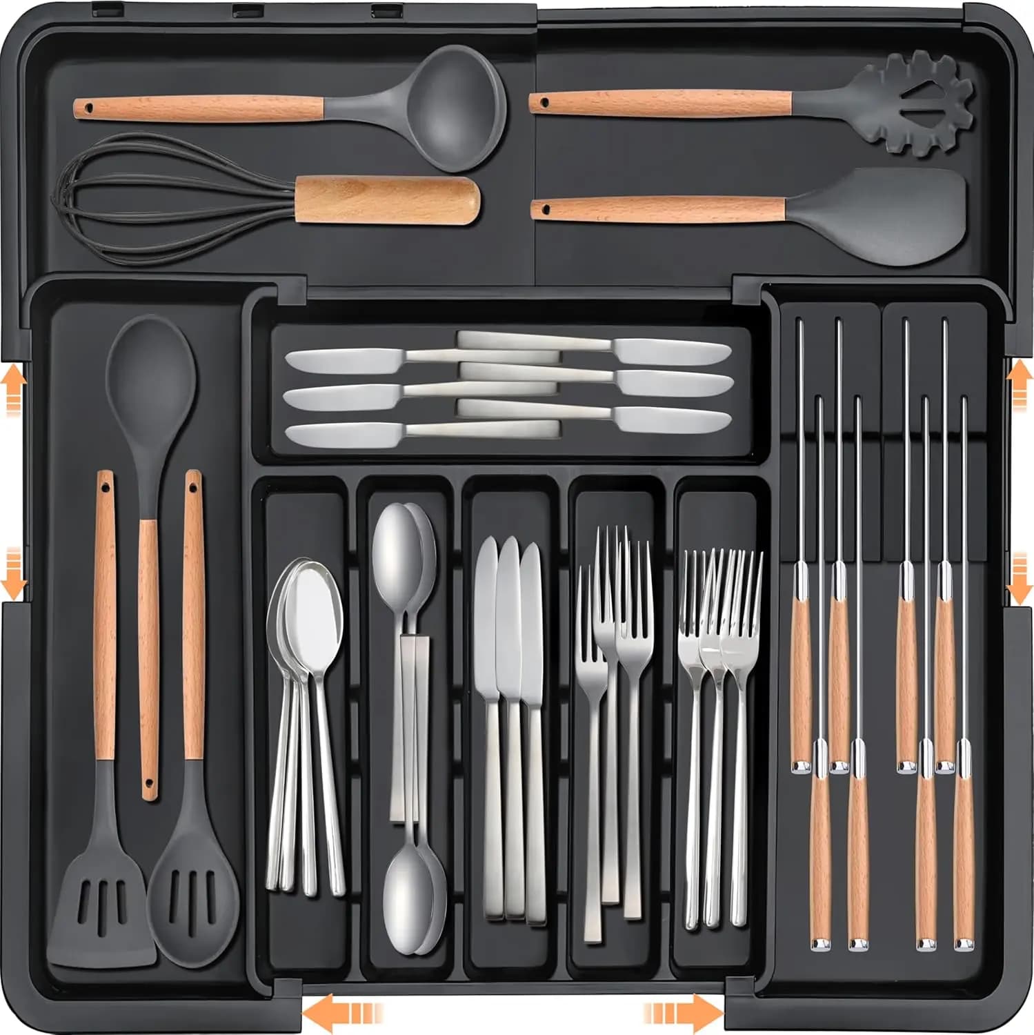 Organizzatore Espandibile per Cassetti da Cucina con Dimensioni Regolabili, 9 Scomparti e Blocchi Portacoltelli Rimovibili per Utensili (Nero)