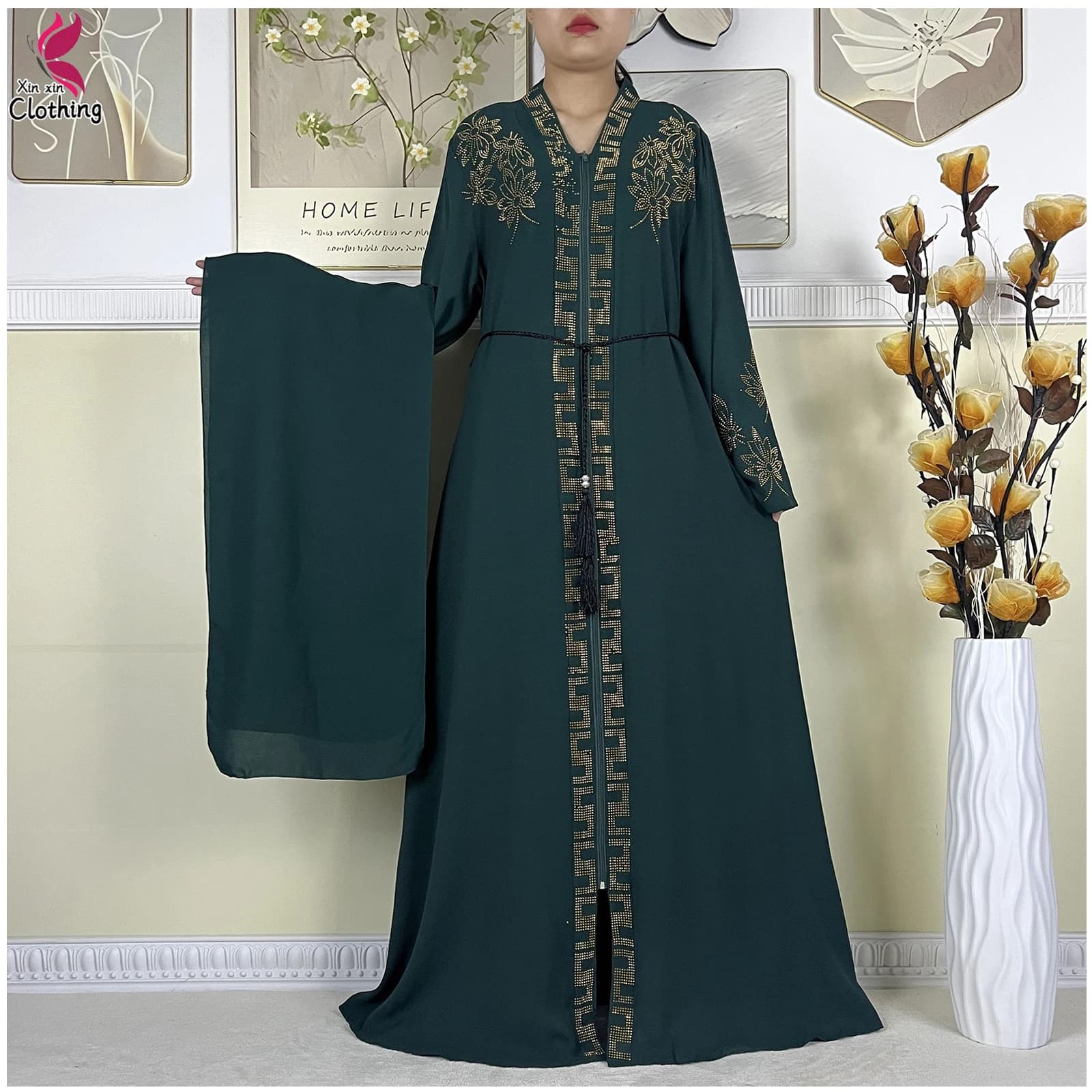 New Abaya Muslim For Women Sleeve Dresses Long Dubai Lady Elegant Long Dress Islam Abaya Clothing African Dress Trained With Turban