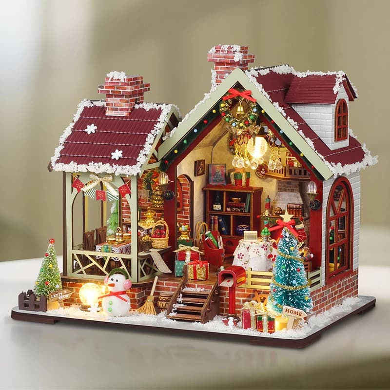 Casa delle bambole in legno fai-da-te Calda Natale Lodge Casa Figurine Miniature Casa delle bambole assemblata con luci per gli amici Regali di Natale