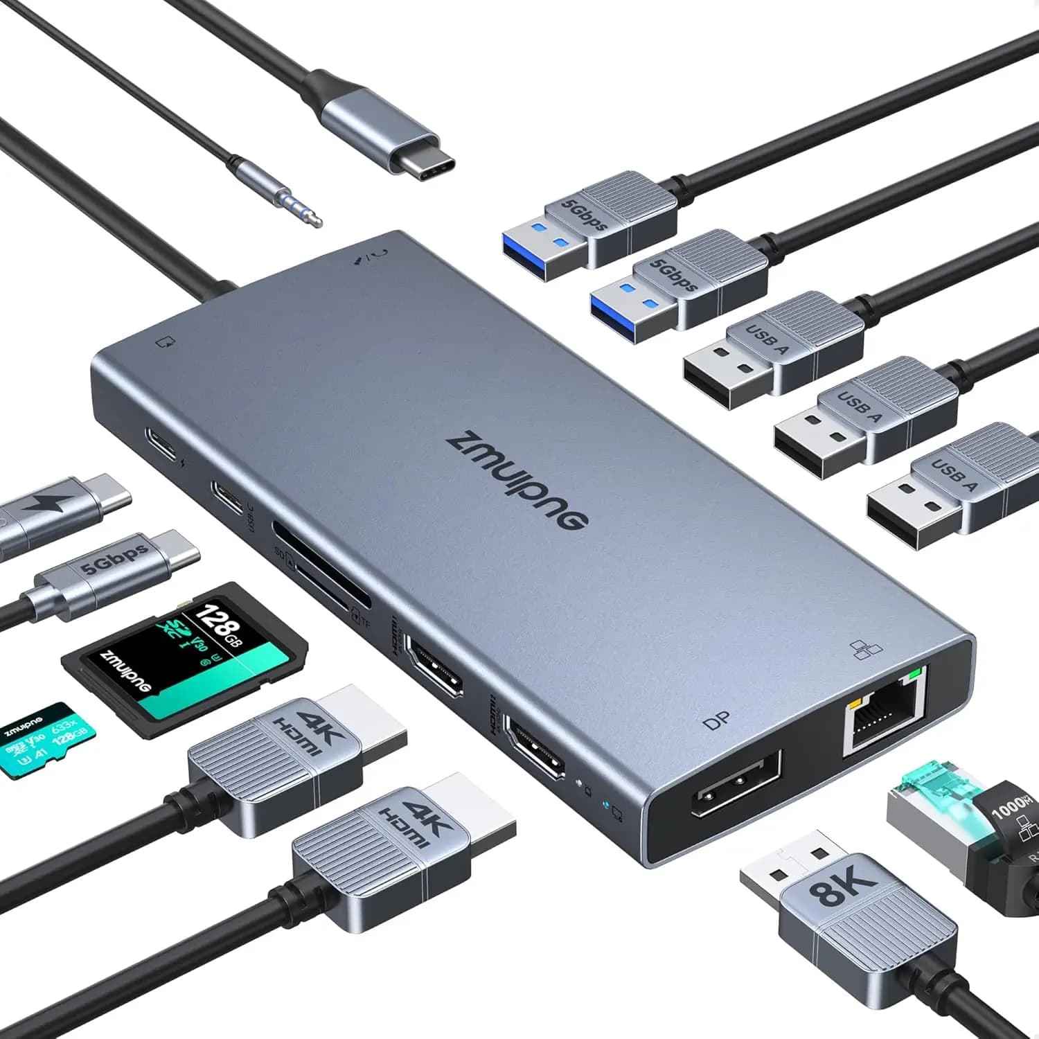 Docking Station USB-C 15-in-1 con Doppio HDMI 4K@60Hz, DP 8K@30Hz, Ricarica PD ed Ethernet per Laptop