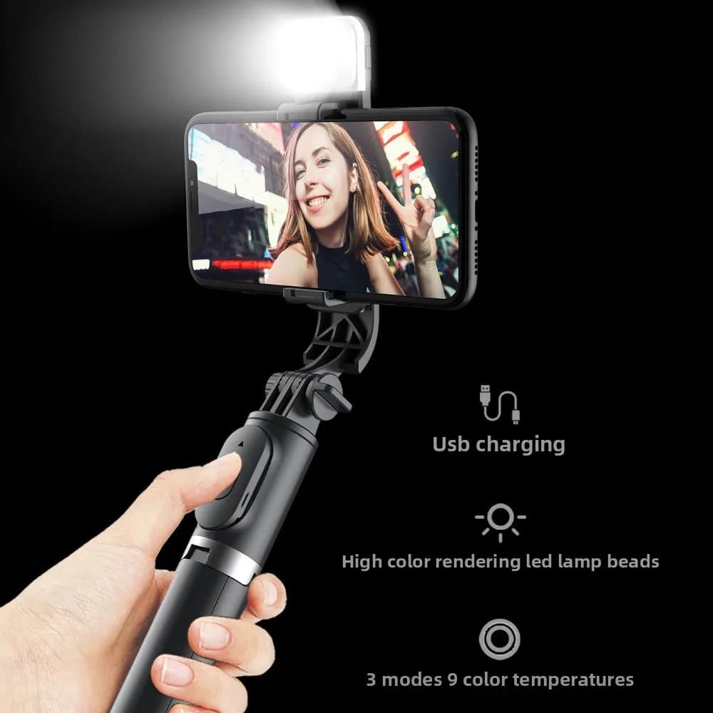 Bastone Selfie Bluetooth Portatile con Luce Bianca Integrata, Treppiede Regolabile ed Estensibile