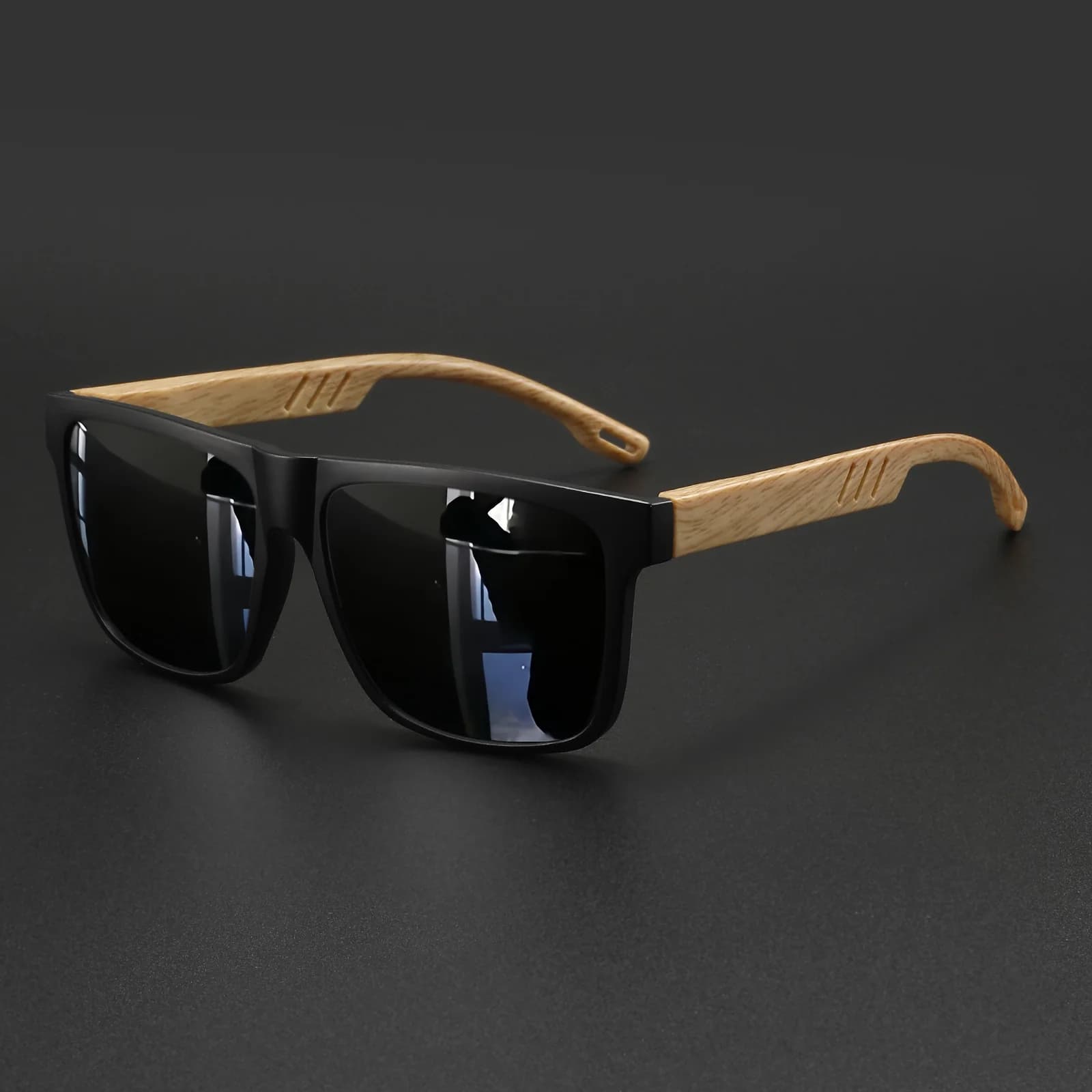 New Fashion Square Sunglasses - Wood Grain Spring Hinge, UV400 Unisex for Driving, Hiking & Travel