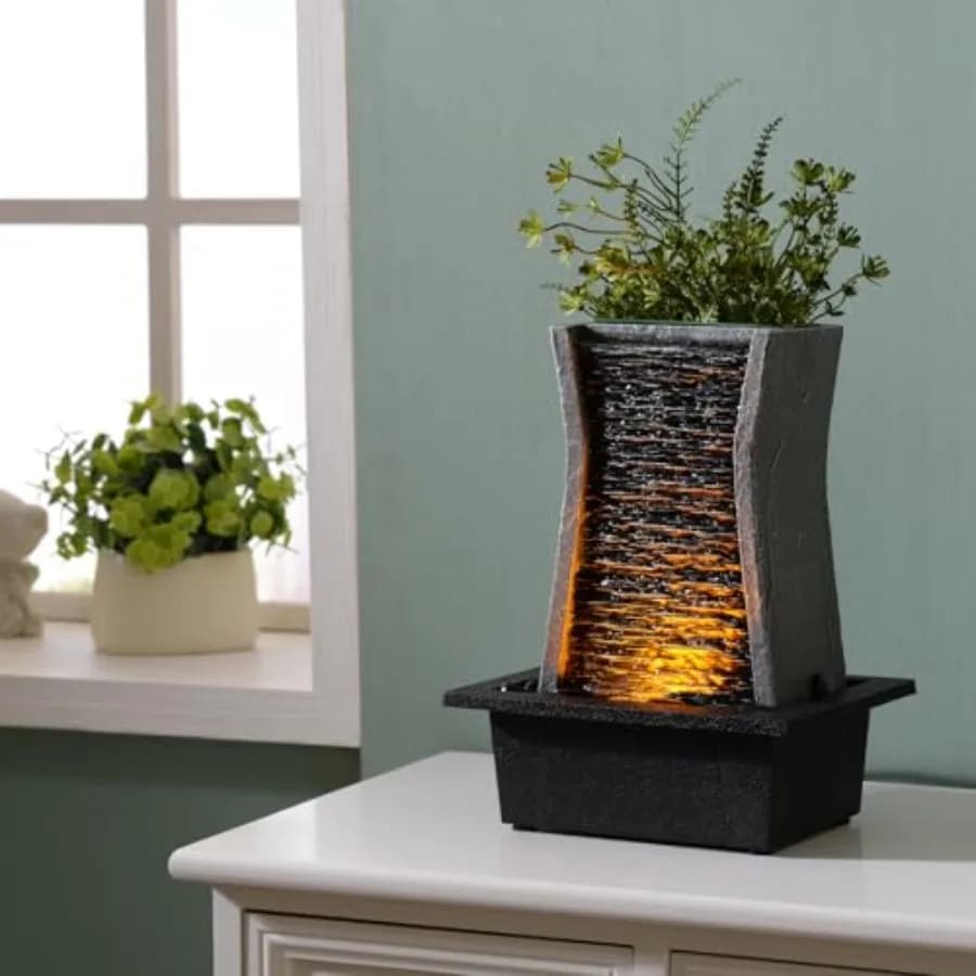 Fontana da Tavolo con Luci LED, Cascata Decorativa per Interni, per Casa, Ufficio, Camera da Letto, Include Vasi in Plastica per Piante