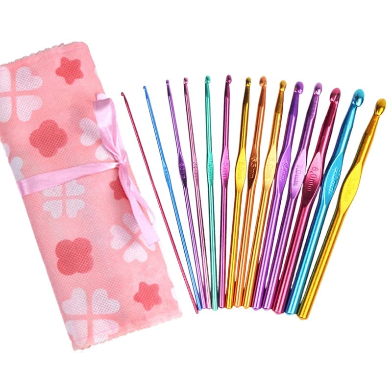 14-Piece Aluminum Crochet Hook Set with Floral Roll Case – Smooth Needles Kit for Yarn Knitting, Sweater DIY Craft Beginners TMZ