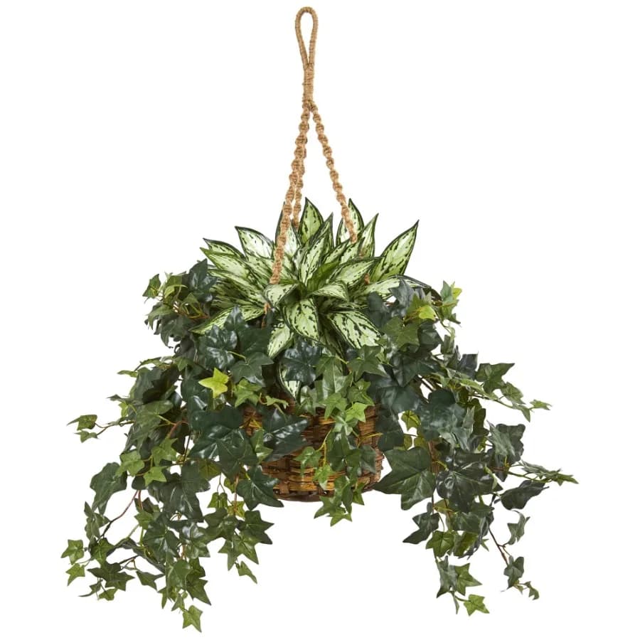 30in. Silver Queen and Ivy Polyester Artificial Plant in Hanging Basket Green