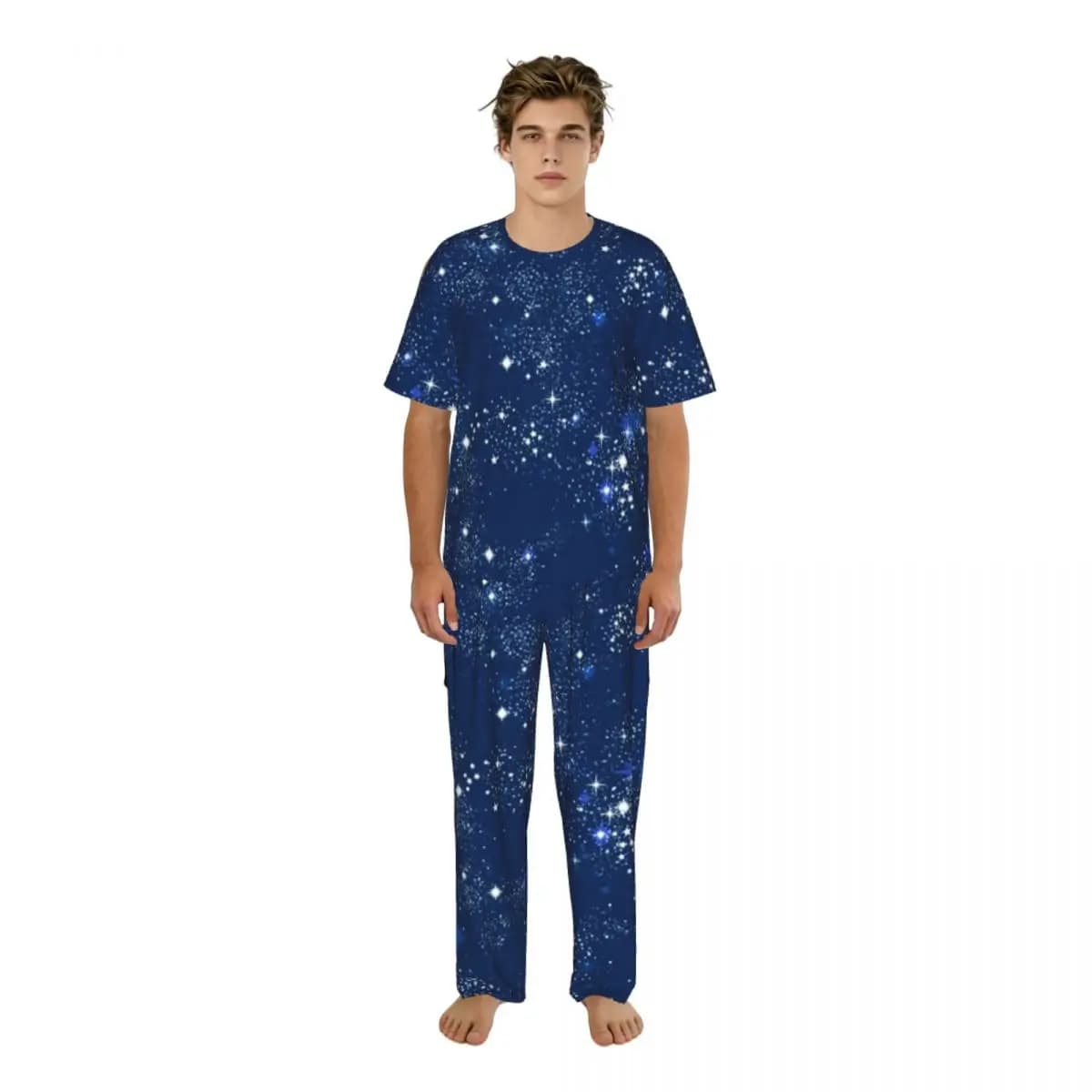 Men's short sleeve pajamas and long trousers, with galaxy pattern and constellations, summer nightwear for the house.