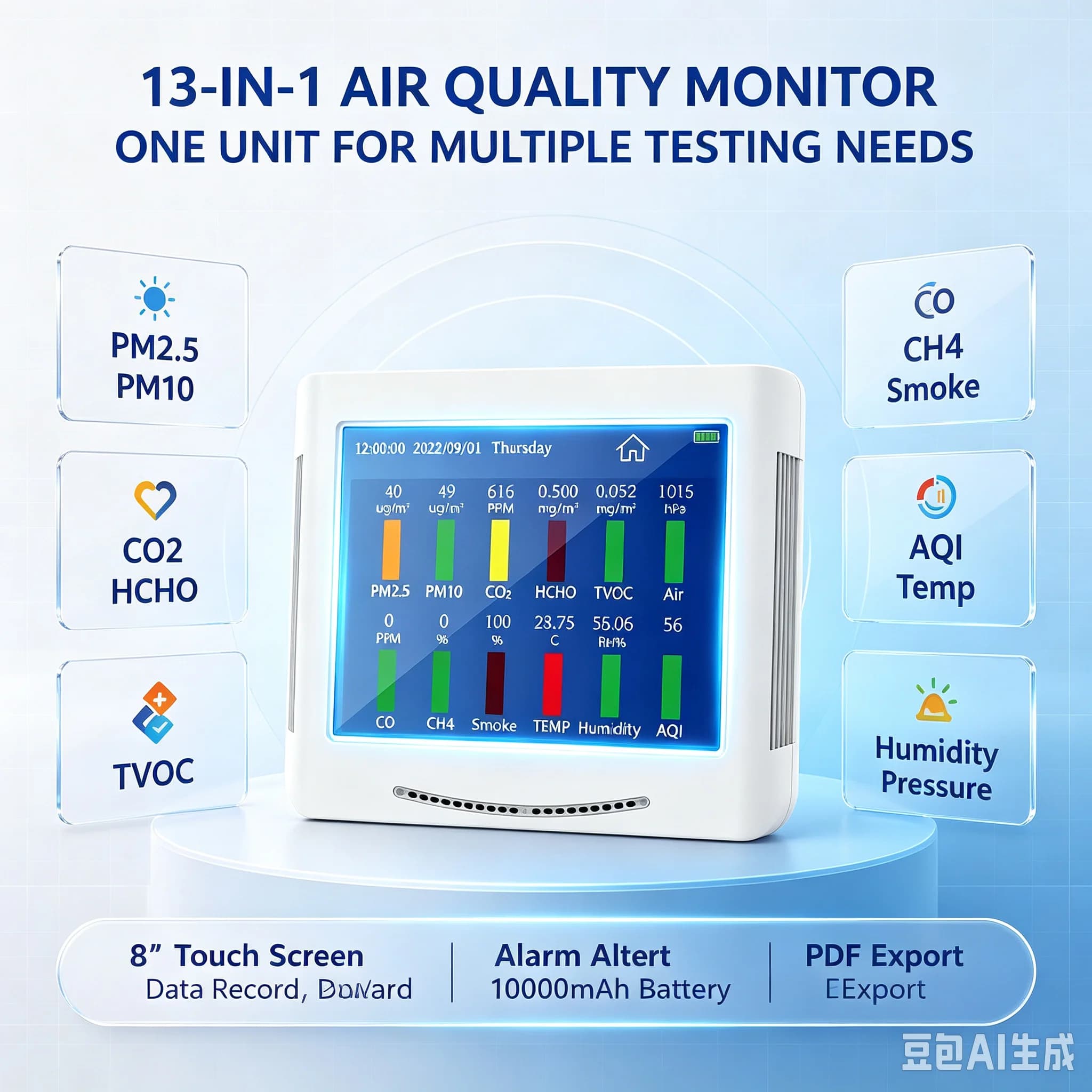 13-in-1 Air Quality Monitor 8" Touch Screen CO2 PM2.5 HCHO TVOC Detector Digital Photo Frame for Home Bedroom Gift